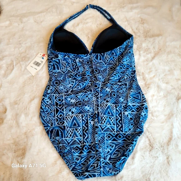 NWT Speedo Halter Tank Bathing Suit Blue Black Print Sz 16 - Picture 4 of 14